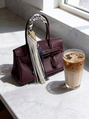 Trendy Fringe Handbag Wrap in Cream, blue and soft gold details